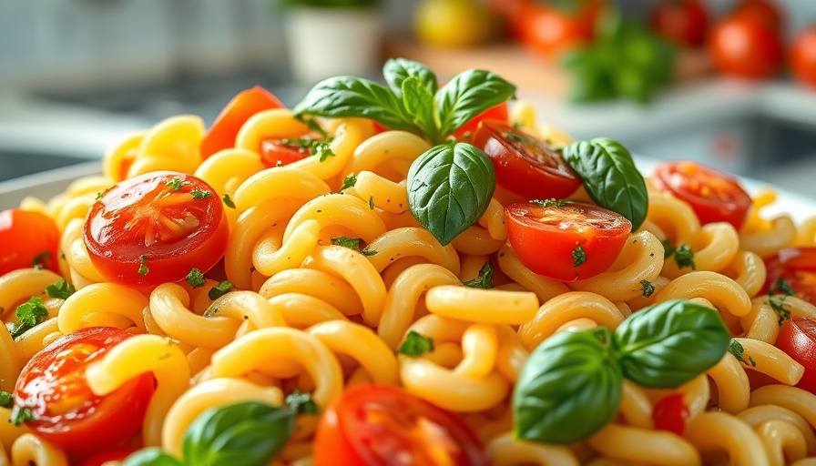 Vibrant rotini pasta with fresh tomatoes and basil, healthy fresh tomato pasta.