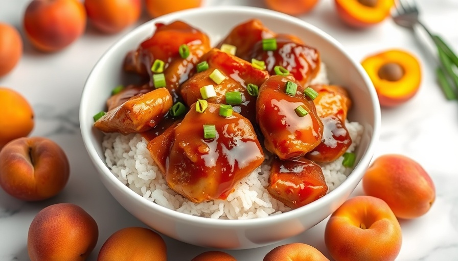 Speedy Sticky Apricot Chicken in bowl with fresh apricots.