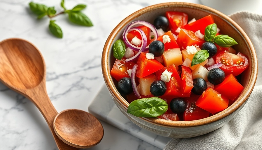 Colorful heirloom tomato salad on a marble counter.