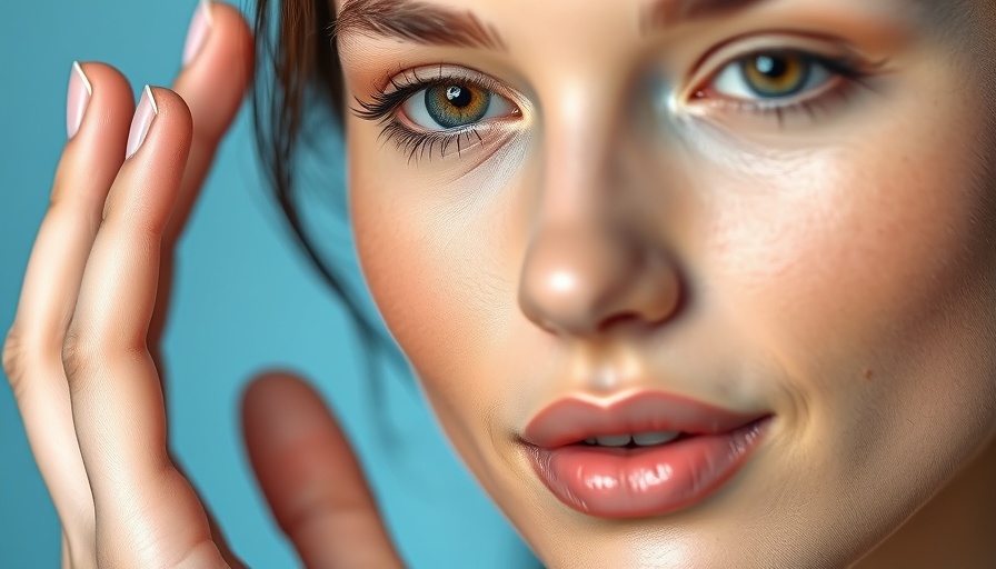 Woman examining glowing skin against blue background.
