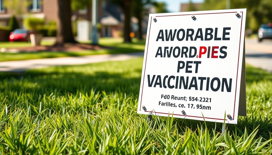 Promotional sign for affordable pet shots on grass.
