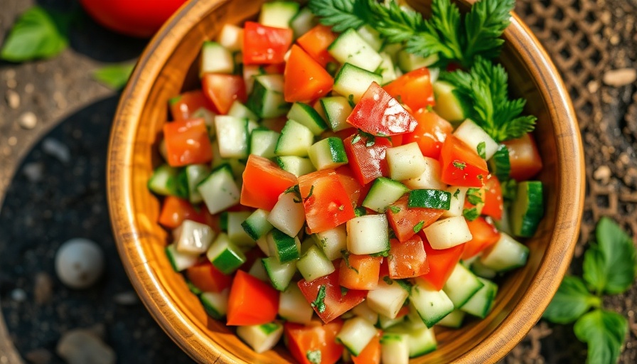 Colorful healthy cucumber tomato salad in a bowl.