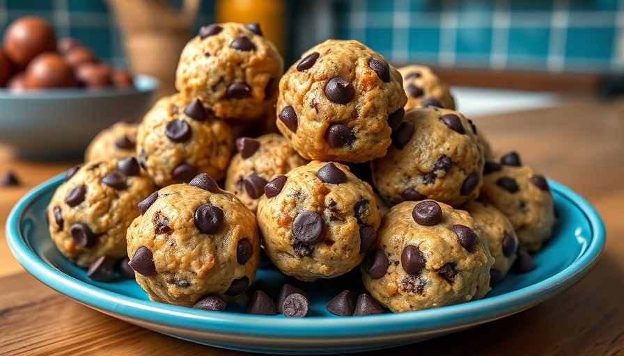 Close-up of no-bake protein balls with chocolate chips on a blue plate.