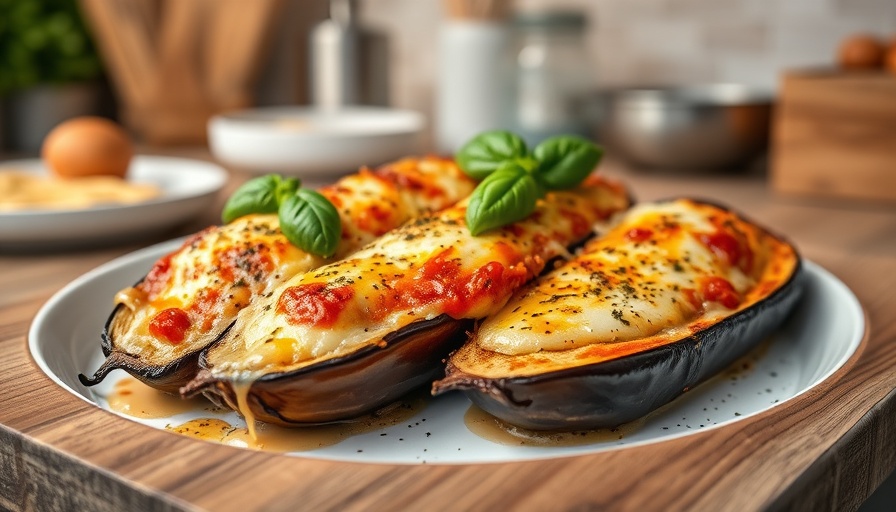 Eggplant Parmesan topped with basil in a baking dish on kitchen counter.