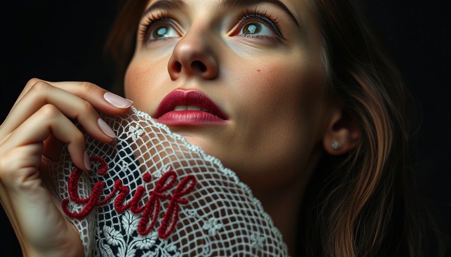 Close-up of a contemplative woman with lace, 'Griff' text.