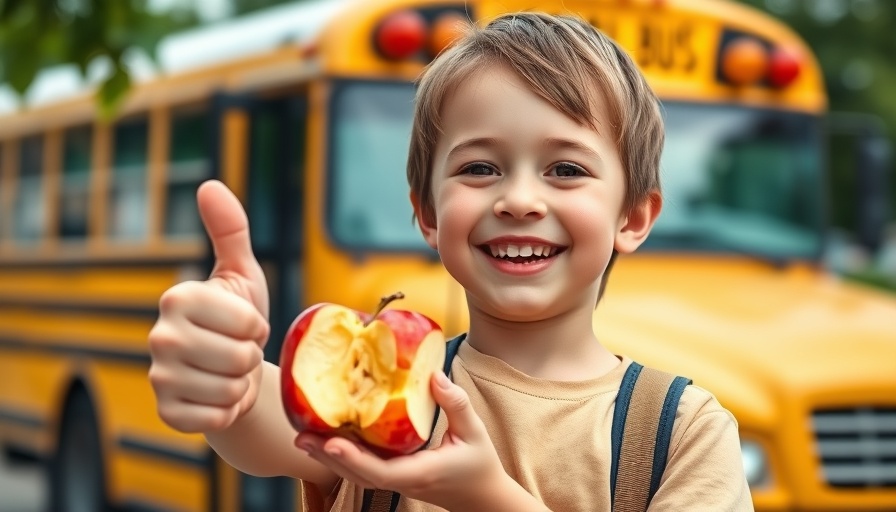 Child enjoying healthy habits after school with apple and bus.
