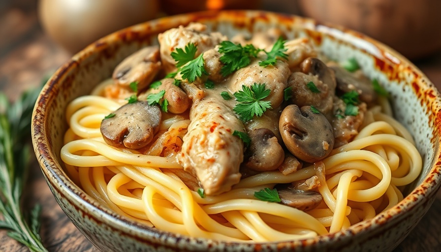 Healthy chicken stroganoff with noodles and mushrooms in a bowl.