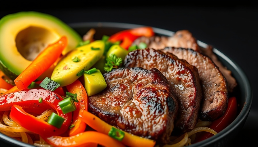 Colorful steak fajita bowl with vibrant ingredients and cilantro garnish.
