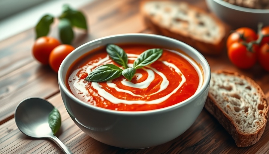 Homemade tomato soup recipe with basil and bread