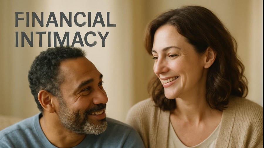 Engaged couple sharing financial discussions in soft lighting. Money talks matter.