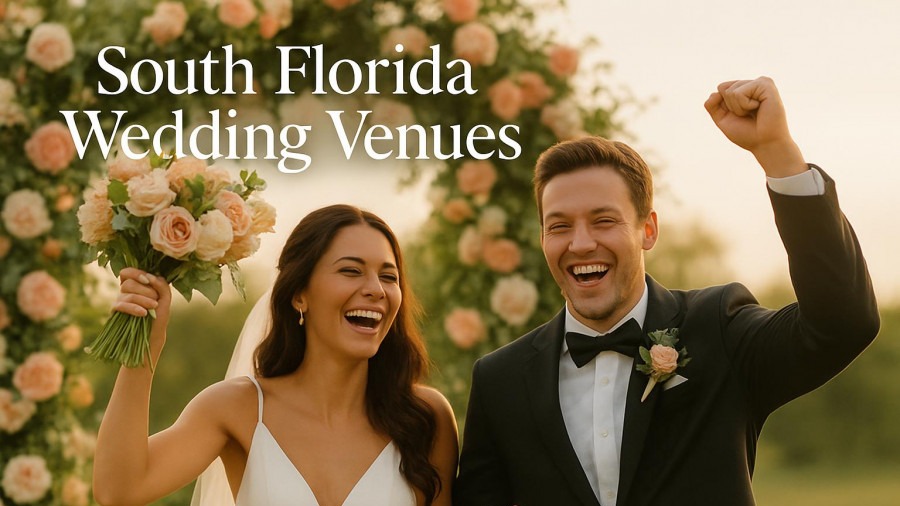 Joyful couple celebrating in South Florida wedding venues with vibrant florals.