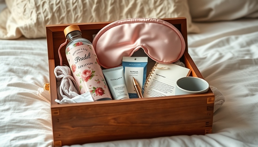 Bride's wedding survival kit with essentials on a cozy bed.