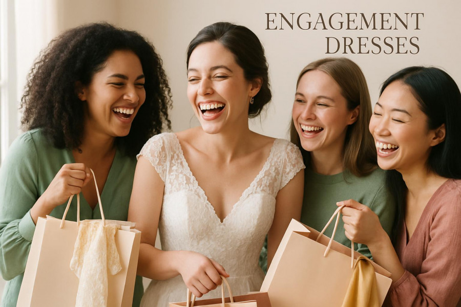 Joyful bride-to-be with friends in elegant engagement party dresses, laughing together.