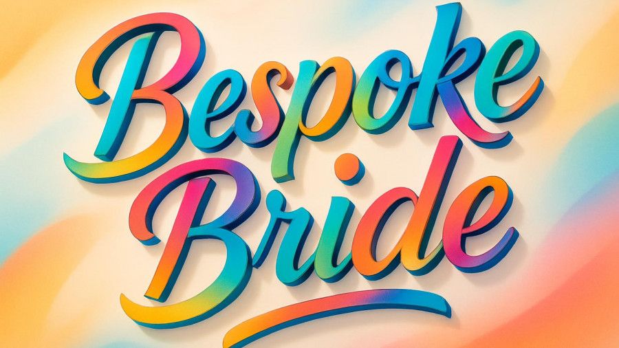 Colorful bespoke bride text logo with vibrant hues.