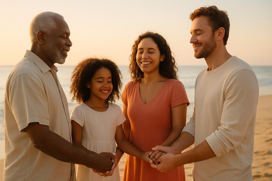 Smiling diverse family holding hands in a circle on a sunlit beach during golden hour.