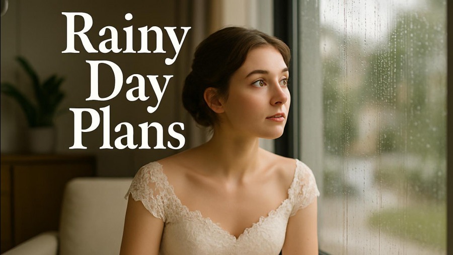 Young woman preparing for outdoor weddings, gazing out at the rain with curiosity.