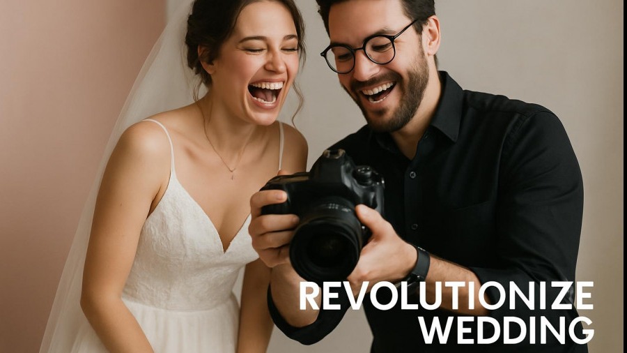 Joyful bride and photographer reviewing stunning wedding photos, enhancing photography workflow.