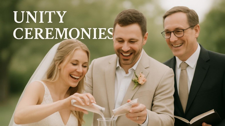 Joyful couple and officiant in a unity ceremony, showcasing customizing unity traditions.