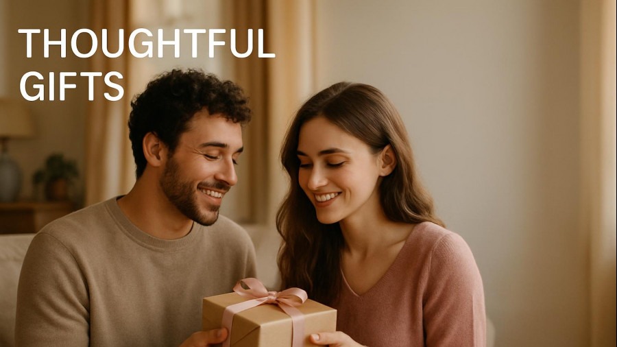 Couple exchanging thoughtful gifts in a cozy home, capturing love and warmth.