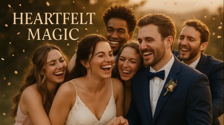 Smiling bride and groom celebrate wedding memories with joyful friends, capturing heartfelt magic.