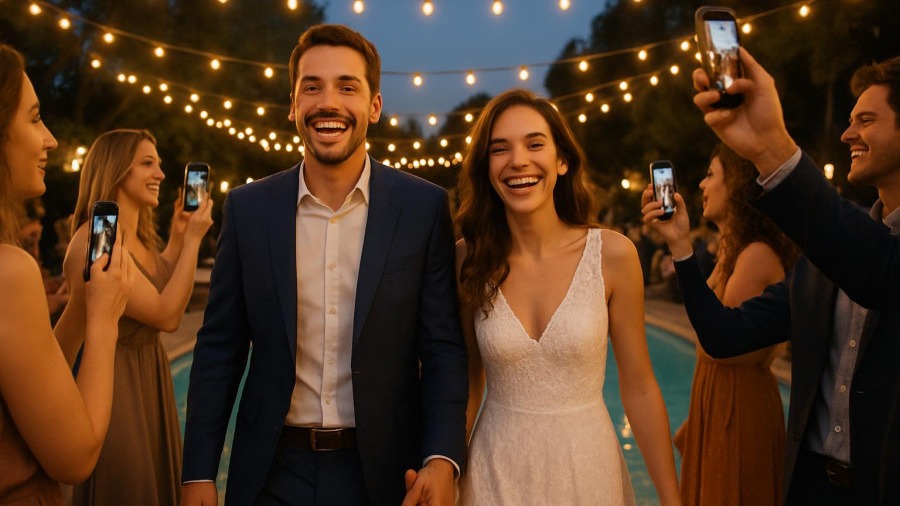 Joyful couple enjoying candid wedding photos with guests capturing moments under string lights.