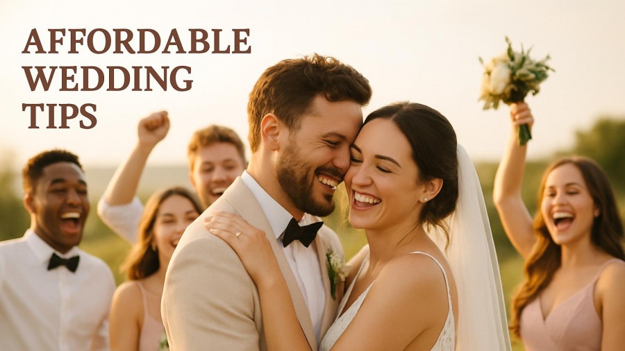Joyful bride and groom with wedding party, 'AFFORDABLE WEDDING TIPS' in upper-left.