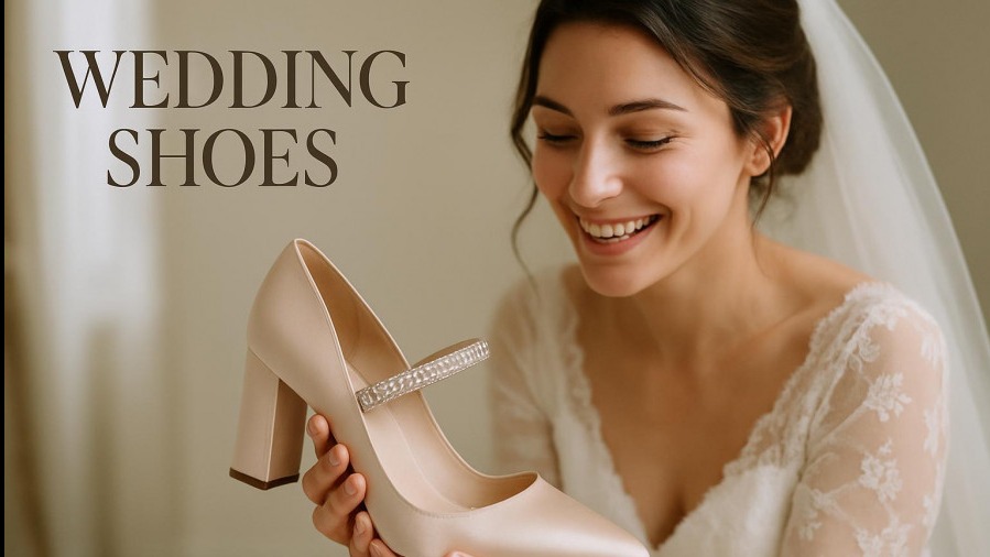 Joyful bride trying on elegant wedding shoes, showcasing comfortable wedding footwear.