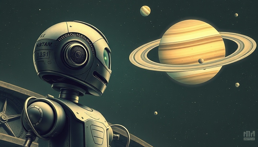 Retro robot observing planets in a vintage sci-fi style space scene.