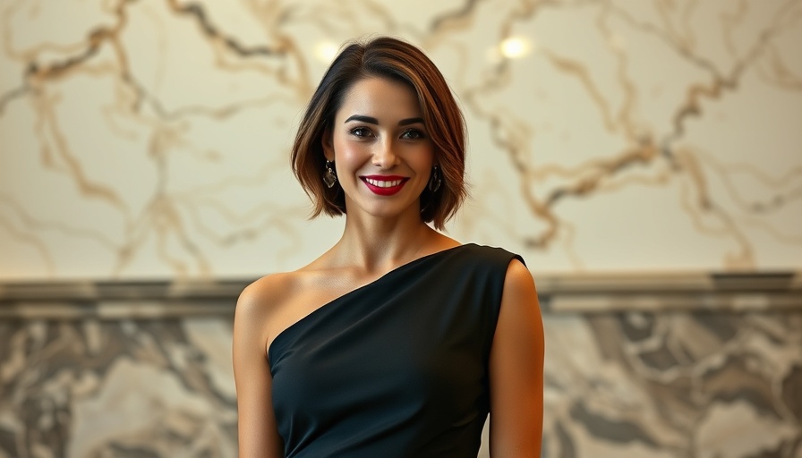 Stylish woman in black dress with subtle smile against marble wall.