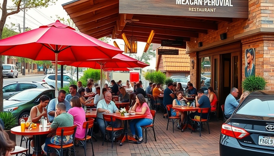 Lively outdoor patio at Mexican-Peruvian restaurant in Fayetteville.