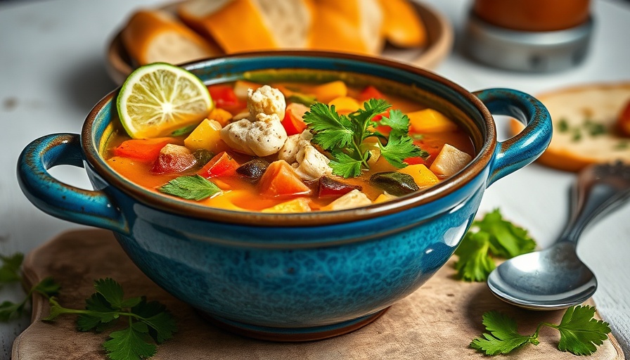 Colorful bowl of Caldo de Res with vegetables on a rustic table.