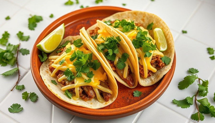 Tacos de Alambre with melted cheese on a clay plate with limes.