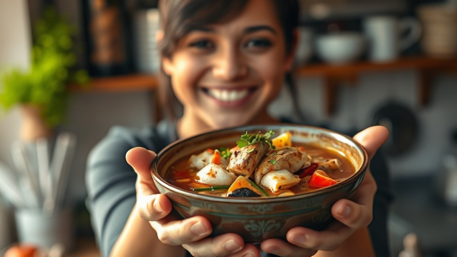Smiling person with sudado de pescado, showcasing Peruvian cuisine