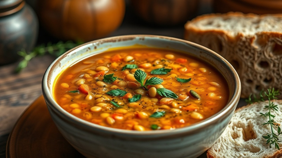Hearty slow cooker lentil soup with bread on the side.