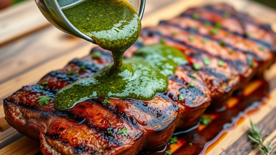 Argentinian cuisine: grilled meat with chimichurri sauce.