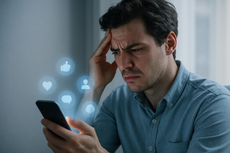 Frustrated young professional gazes at glowing phone, social media icons surrounding.