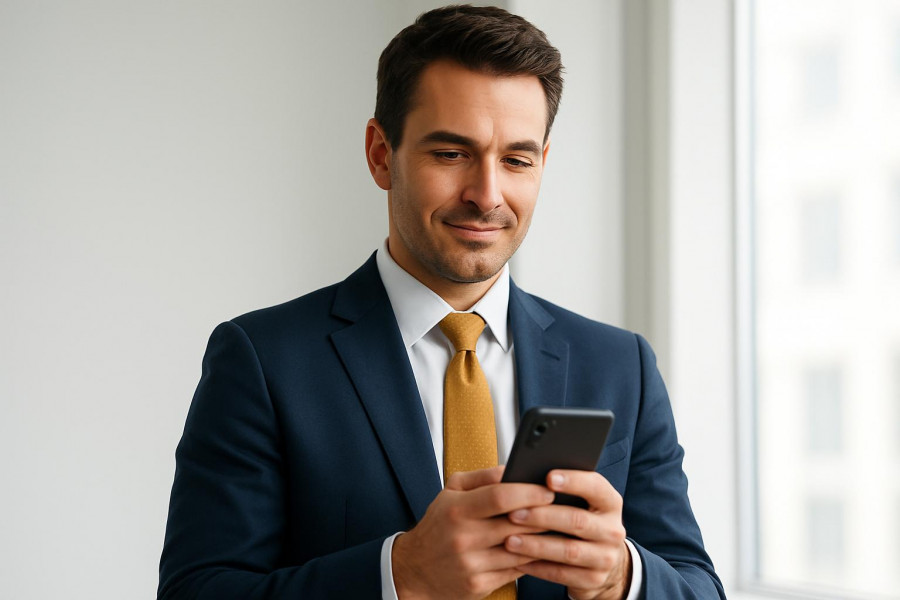 Confident business professional with smartphone, bright lighting, soft colors.