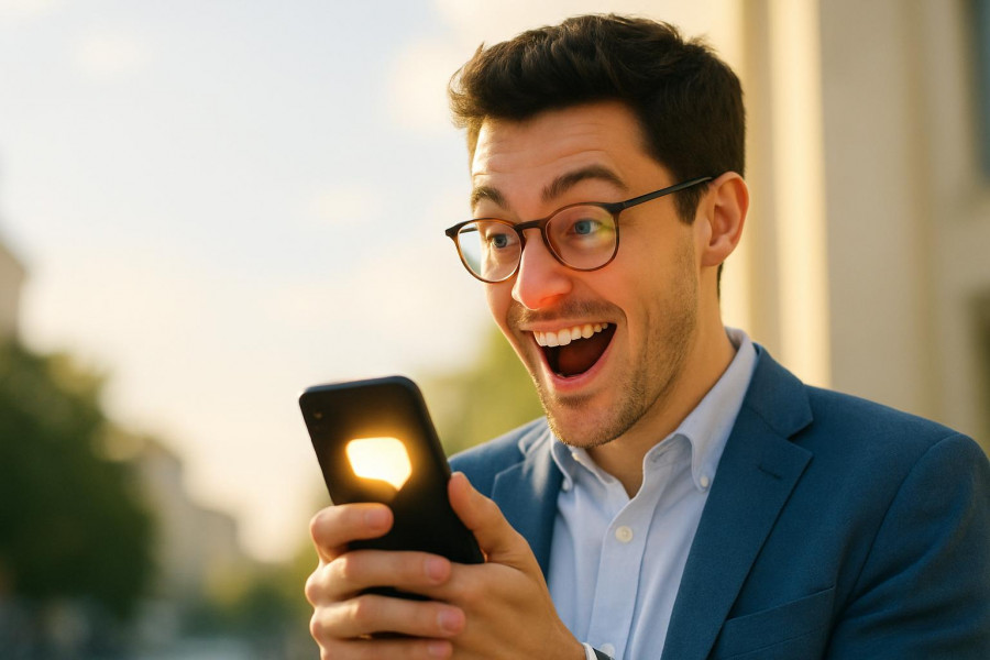 Young professional with a surprised and happy expression looking at a smartphone.