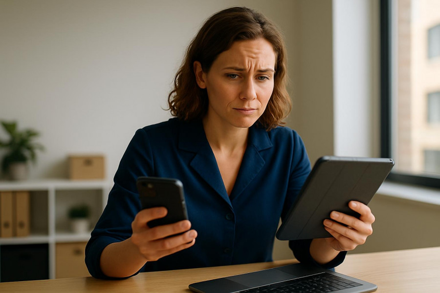 Confident small business owner in a modern workspace, showing subtle worry.