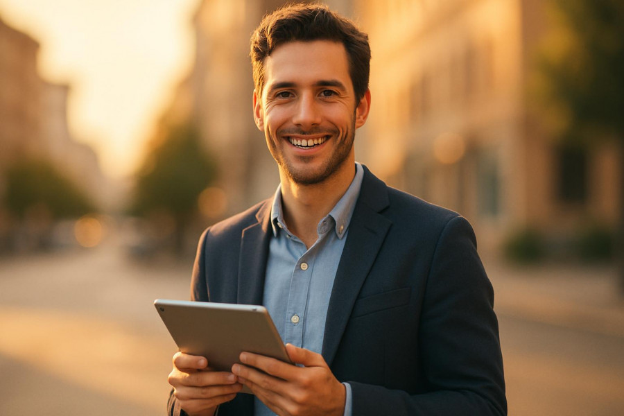 Smiling young professional with a tablet, exuding confidence in golden hour light.