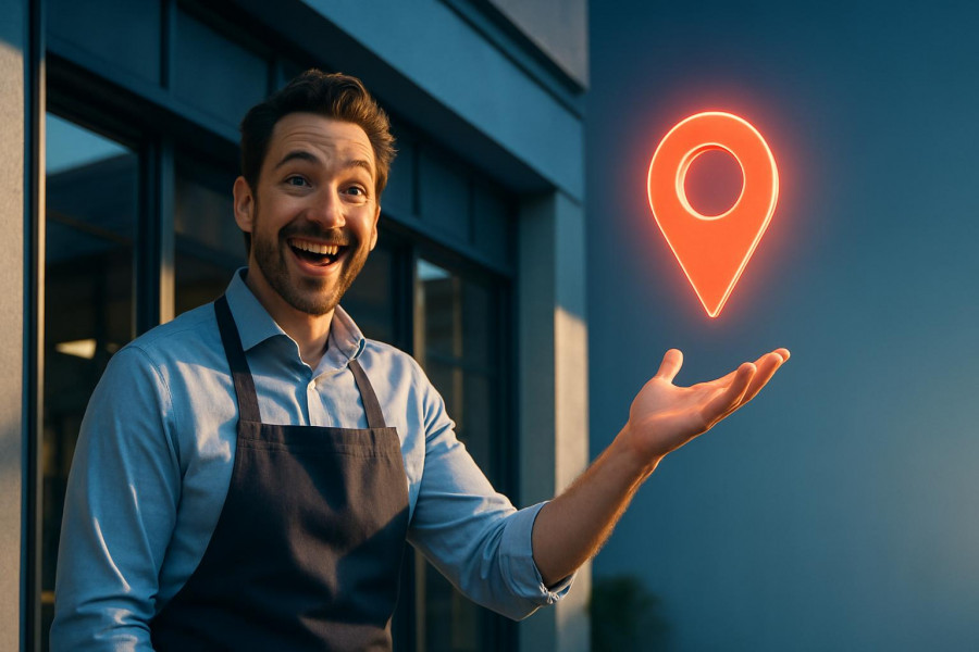 Confident business owner with excited expression by modern storefront, glowing digital pin.
