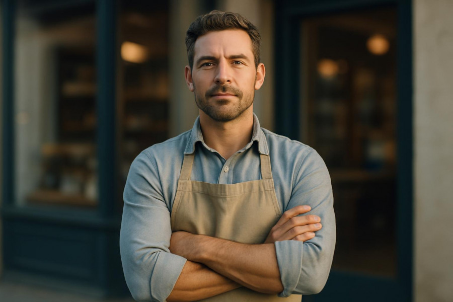 Confident local business owner proudly standing before their store.