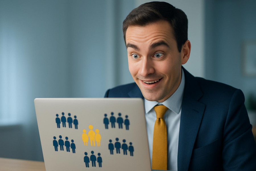 Excited professional with curiosity, viewing digital silhouettes on laptop.