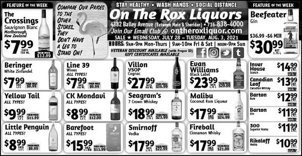 Weekly Wine & Liquor Sales Ad for On The Rox Liquors 4382 Bailey Ave Amherst New York 14226
