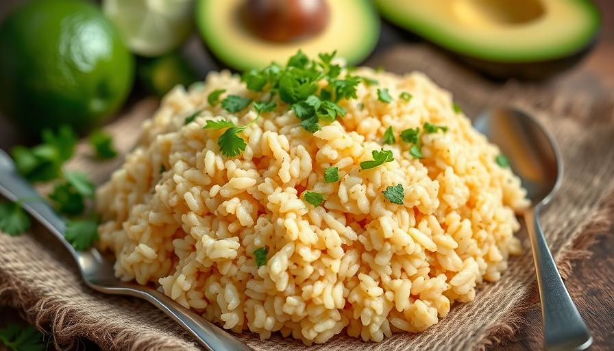 Creamy Dominican rice dish in a bowl with herbs and side garnishes.