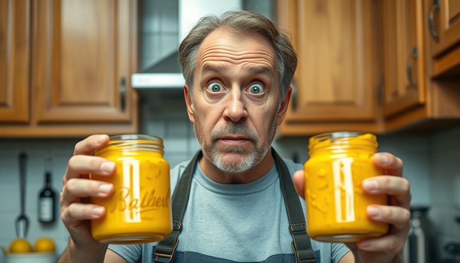 Surprised man holding jars of aji amarillo paste in kitchen.