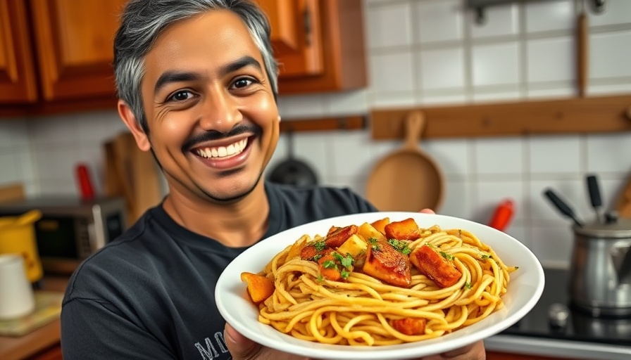 Person showcasing authentic Peruvian Cau Cau dish in kitchen.