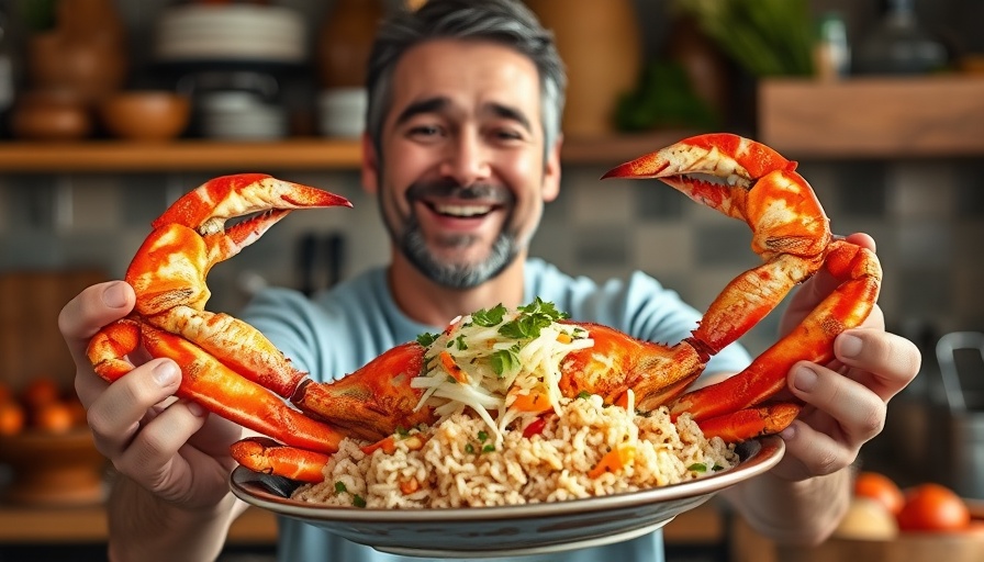 Vibrant Peruvian king crab dish with rice in rustic kitchen.