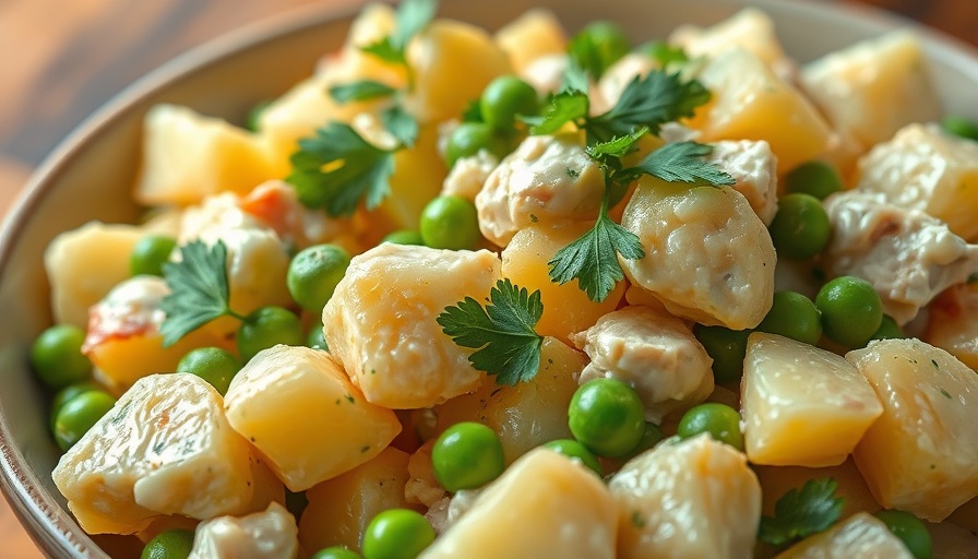 Potato Chicken and Apple Salad on colorful plates with garnish.