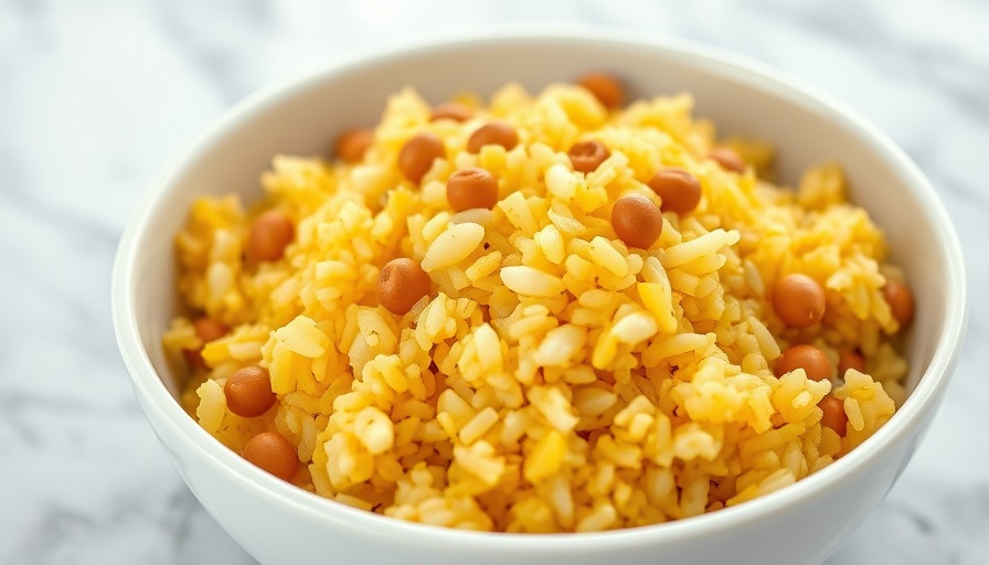 Dominican Coconut Rice with Pigeon Peas in a white bowl on marble table.